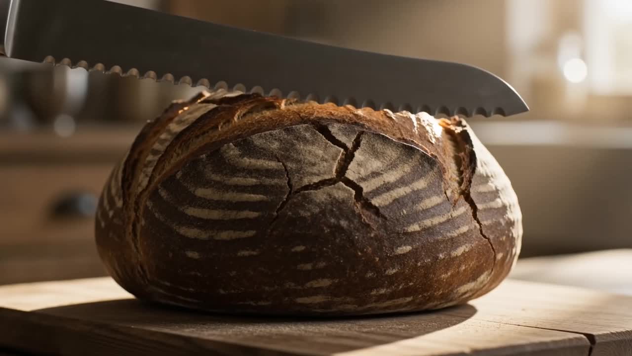 A dark rye sourdough loaf being sliced open